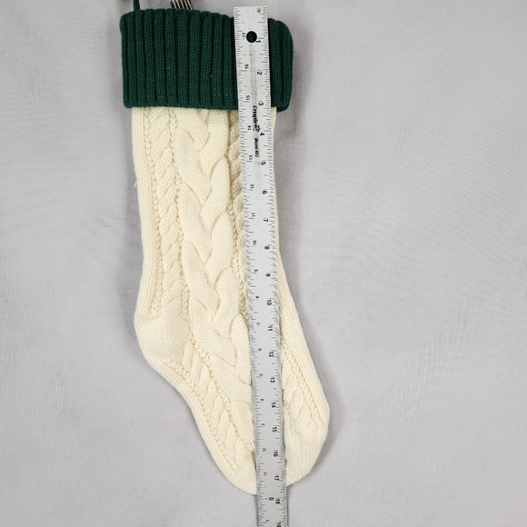 Cable Knit Christmas Stocking Ivory with Green Cuff17.5 inches Holiday - Picture 2 of 3